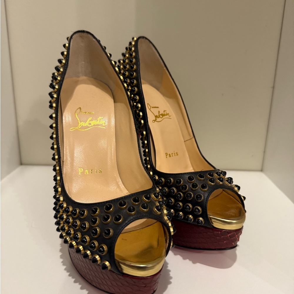 Christian Louboutin Black and Gold Studded Peep-Toe Heels